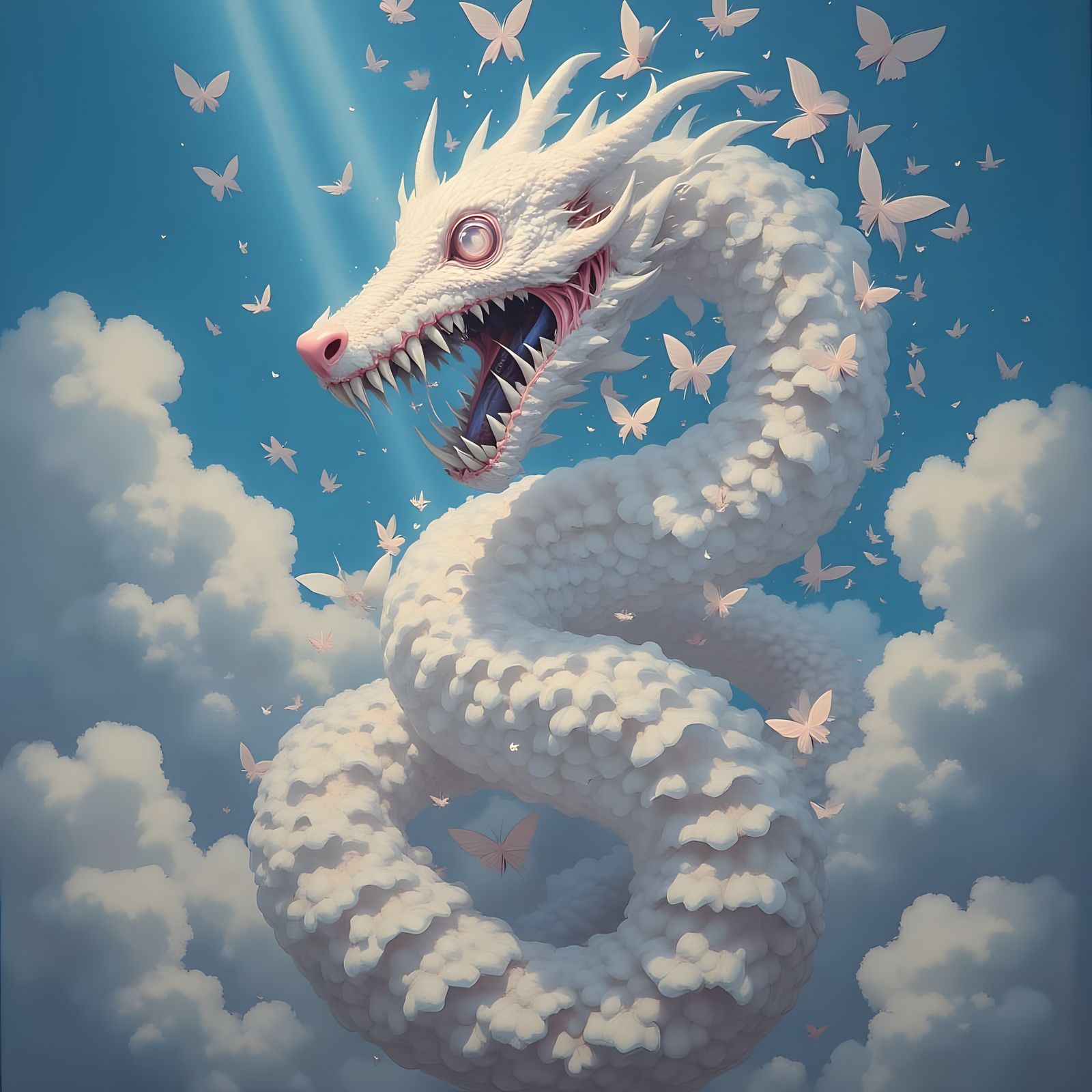 Dragon Unfolds into Vibrant Butterflies in a Bright Blue Sky