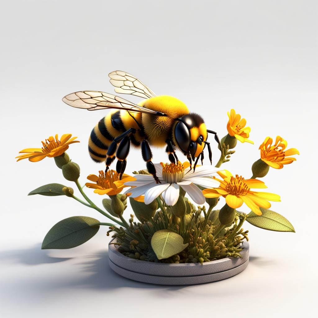 Miniature Bee and Flower Art in 3D