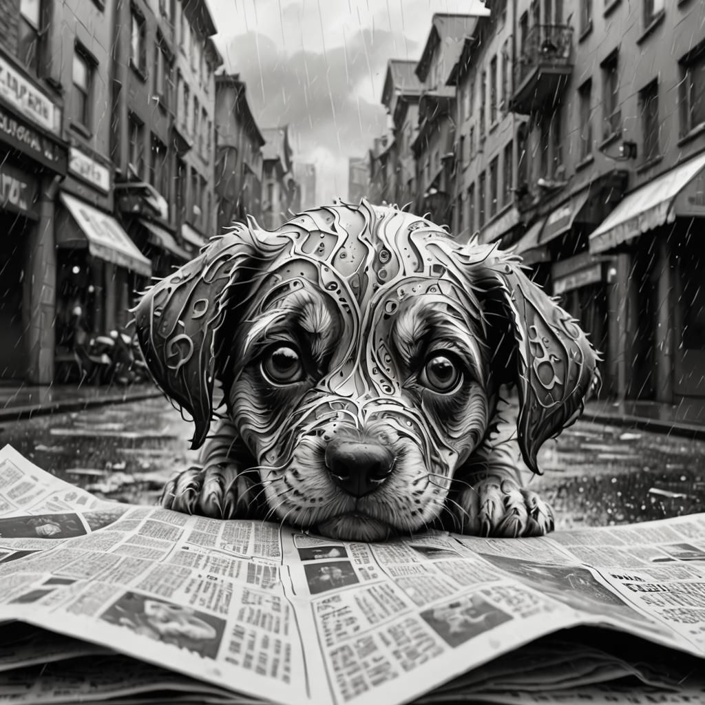 Frightened Puppy in Rainy City: Charcoal Drawing