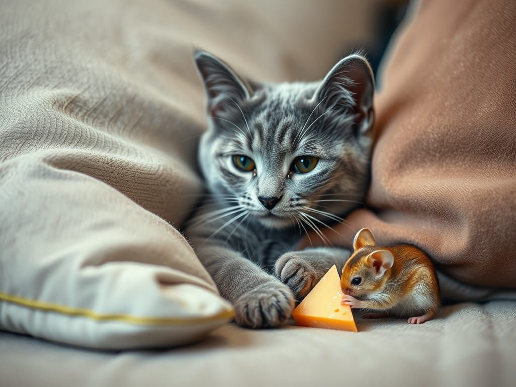 Cute Grey Cat Squeezed Between Couch Cushions