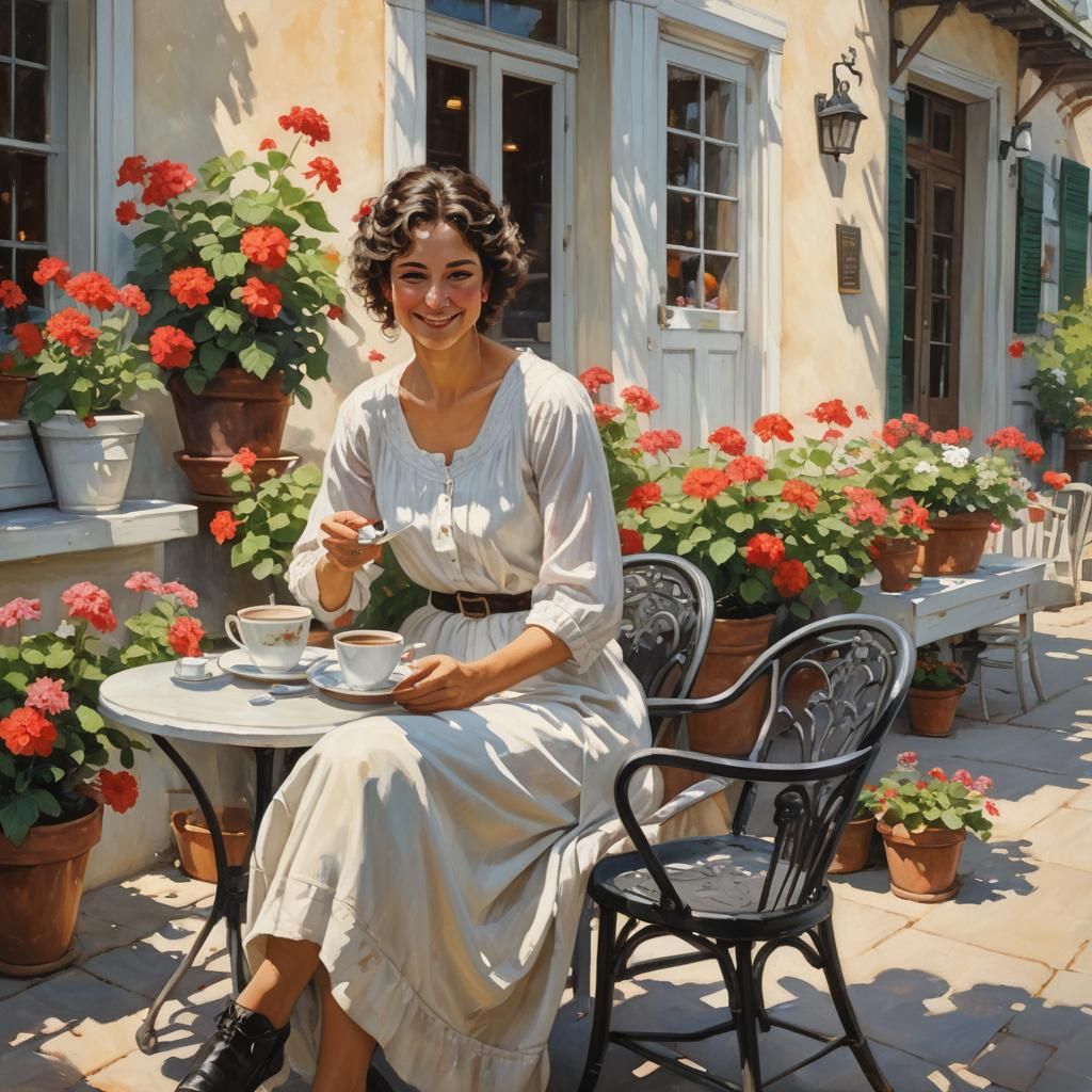 Serene Summer Morning Oil Painting of Woman in White Town