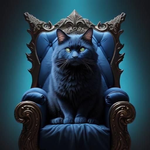 Epic Blue and Black Cat Villain on Throne