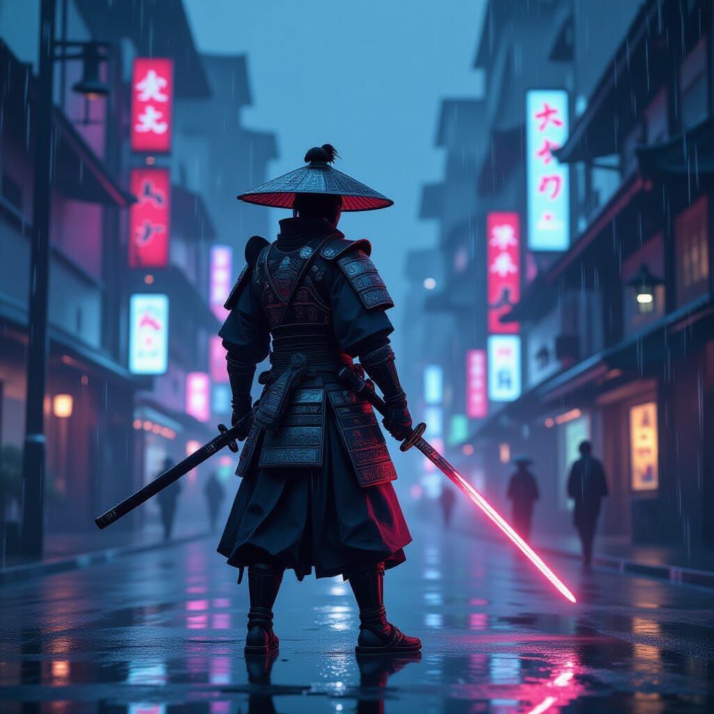 Samurai Warrior in Neon Cyberpunk Cityscape