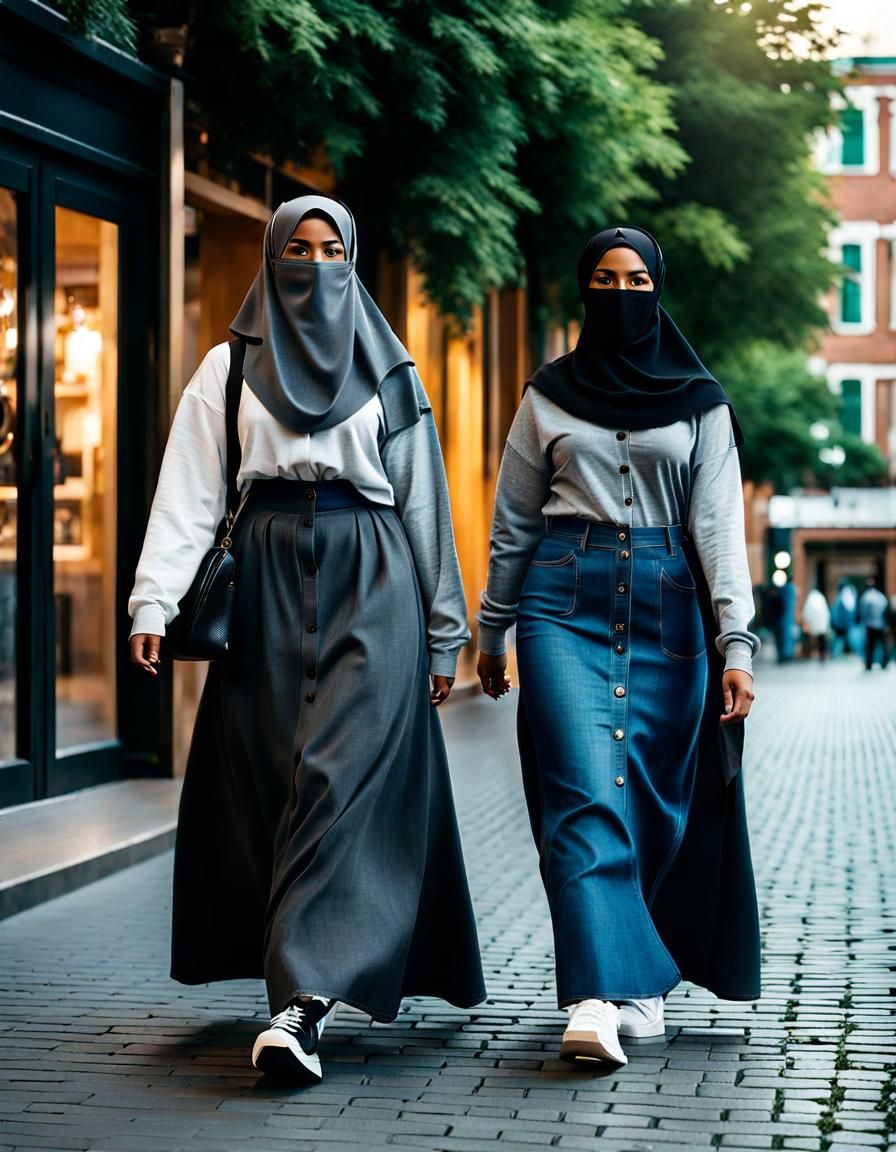 Portrait of Two Women Walking in a Nostalgic City Evening
