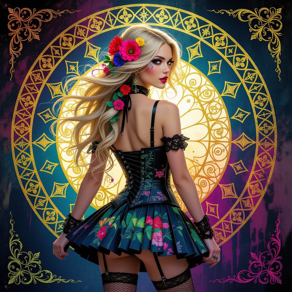 Steampunk Woman with Floral Hair in Klimt Graffiti Style