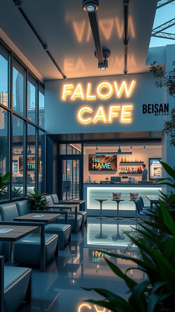 Sleek Futuristic Cafe with Modern Design and Lush Greenery
