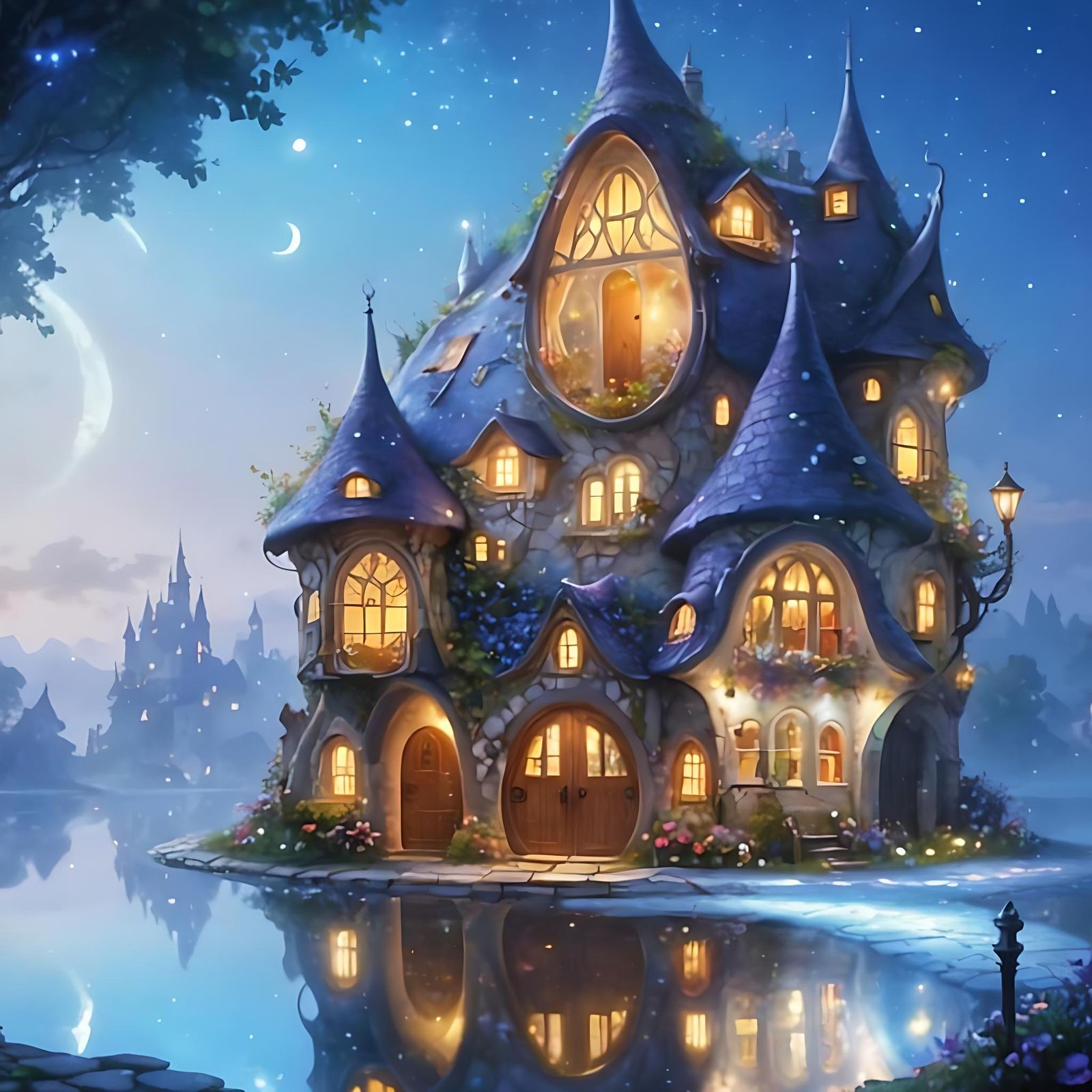 Glowing Fairy House Under Starry Sky