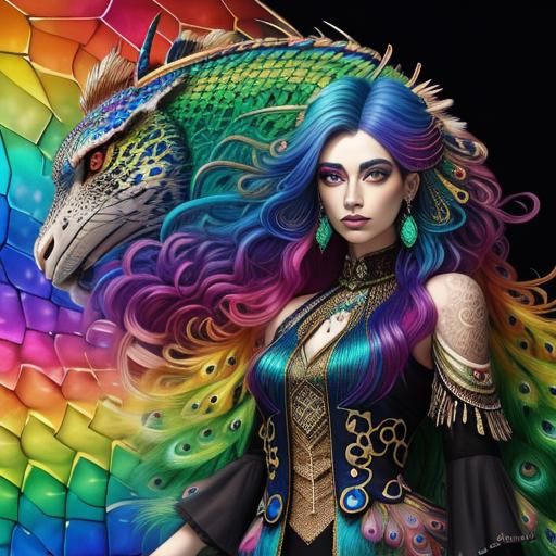 Rainbow Dragon Woman: Holographic Astral Illustration