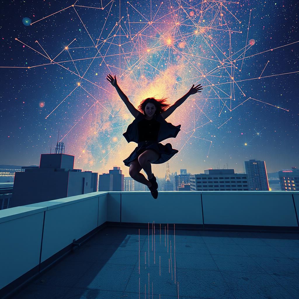 Woman Doing Parkour with Glitch and Constellations