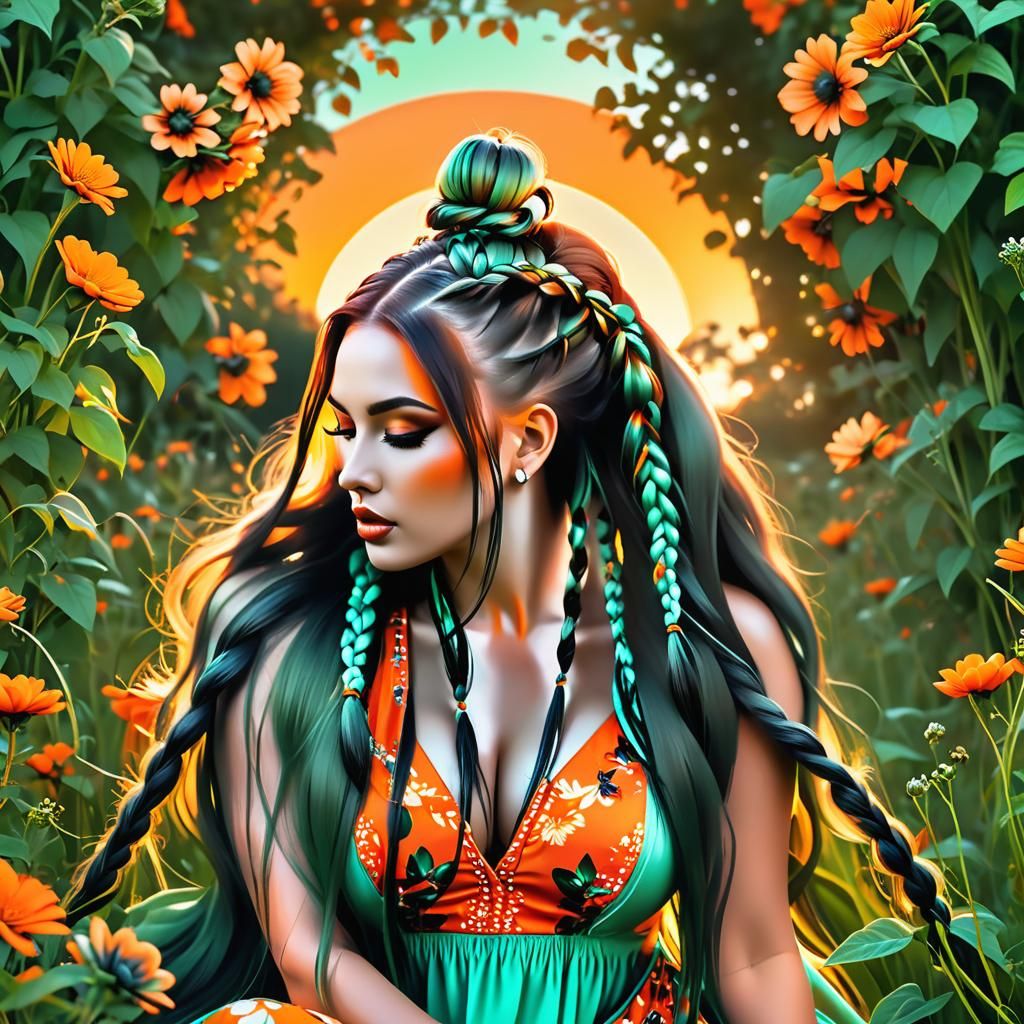 Voluptuous Model in Field of Flowers: Digital Art