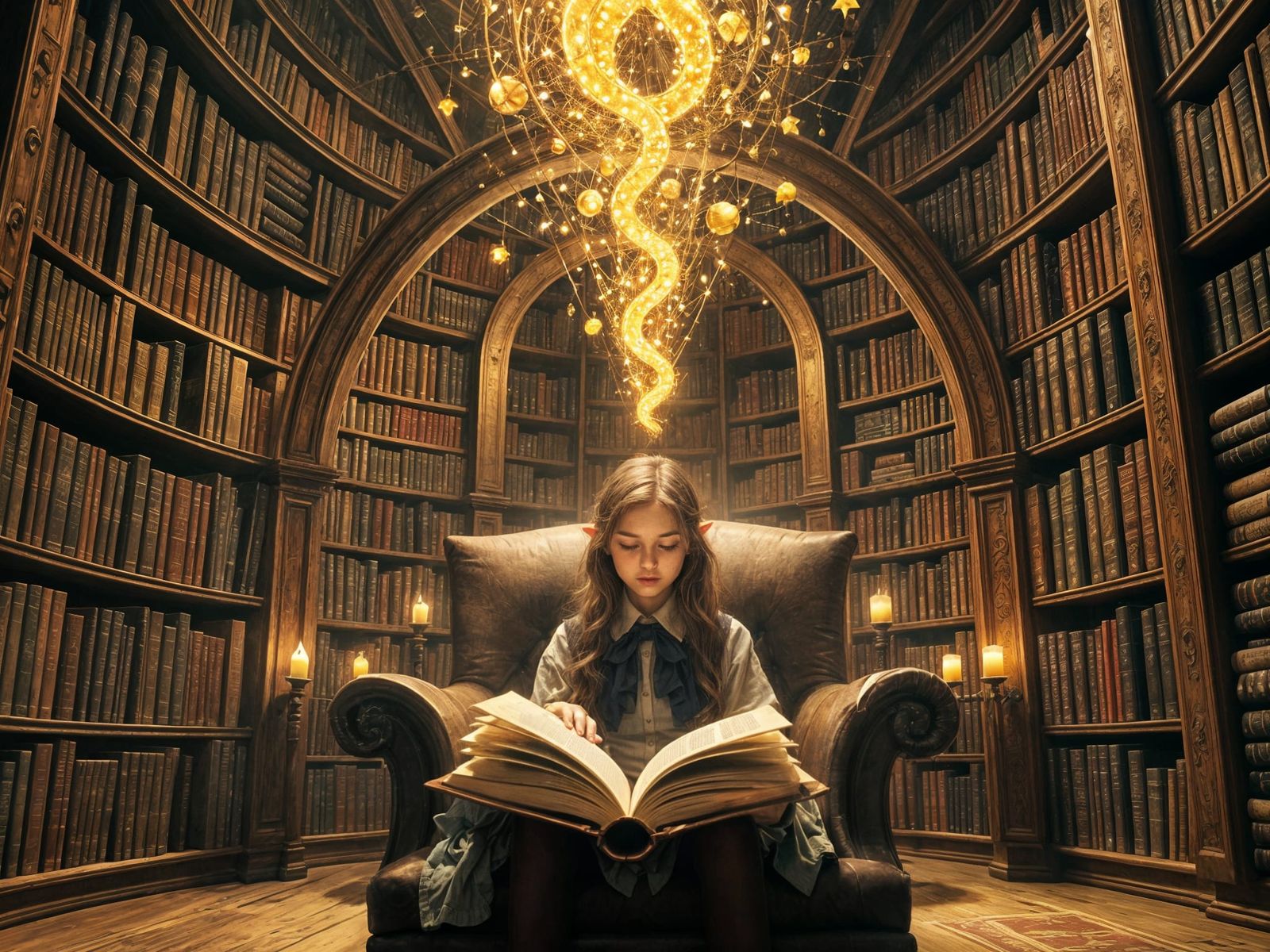 Elven girl reading a magical tome in the library