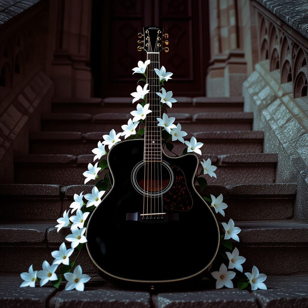 Gothic Church Scene With Guitar and Growing Flowers