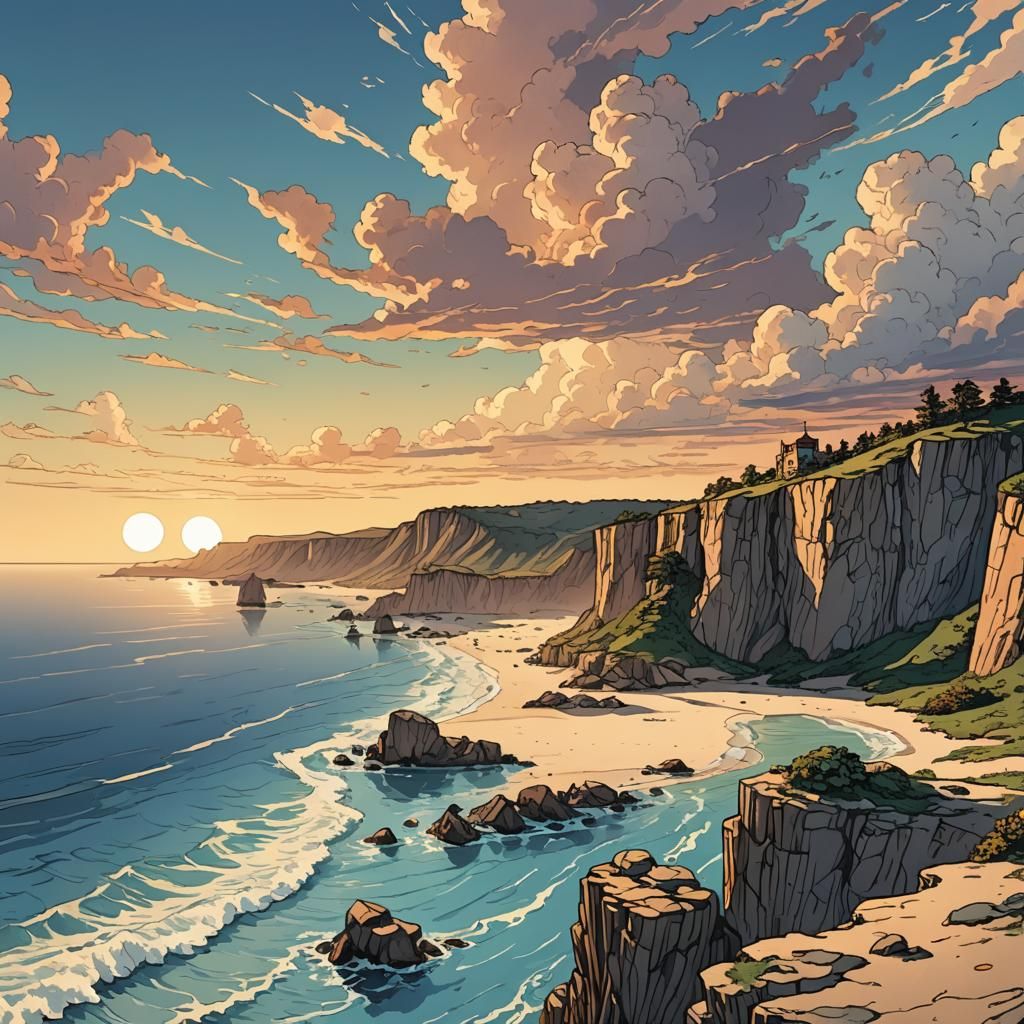 Sunset Cliff View: Retro Fantasy Illustration