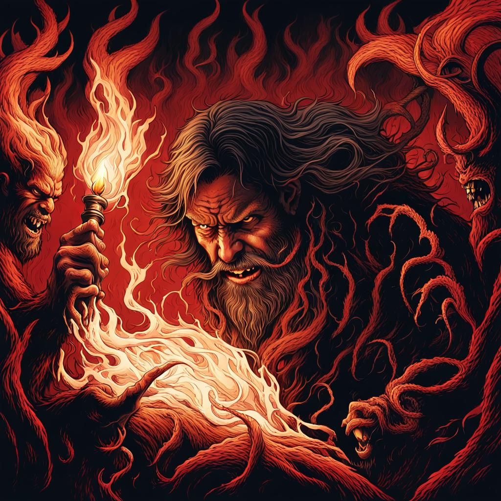 Ominous Dark Fantasy Illustration of a Man and Demons