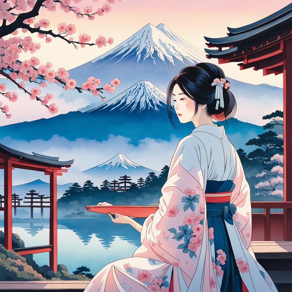 Kimono Woman Observes Mount Fuji in Ukiyo-e Style