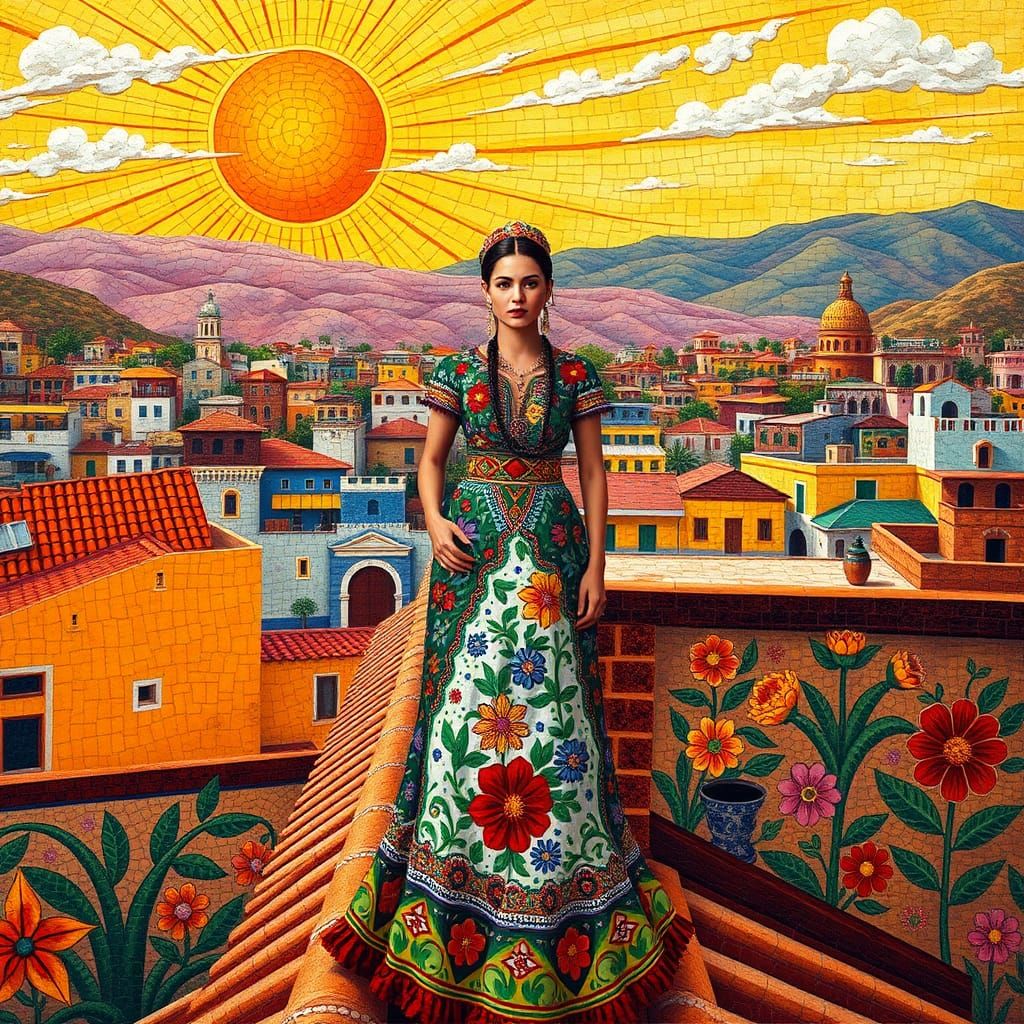 Mexican Woman on Rooftop Mosaic Mural in Rivera Style