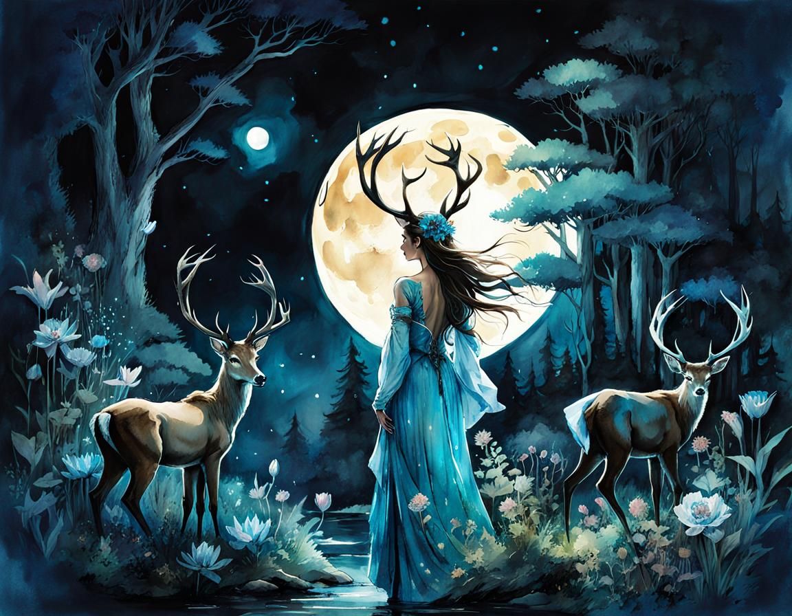 Bioluminescent Elf in Enchanted Forest: Watercolor Art