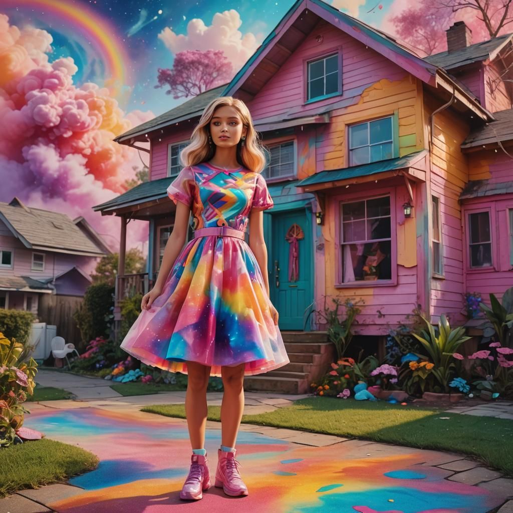 Dreamy Cosmic Girl in Barbie Dress: Visionary Art