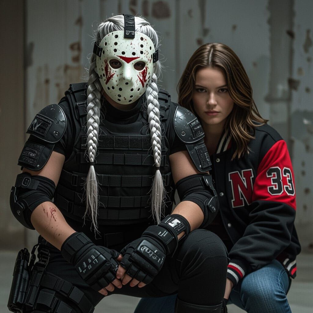 Gritty Female Warrior Protecting Partner in Film Noir Style