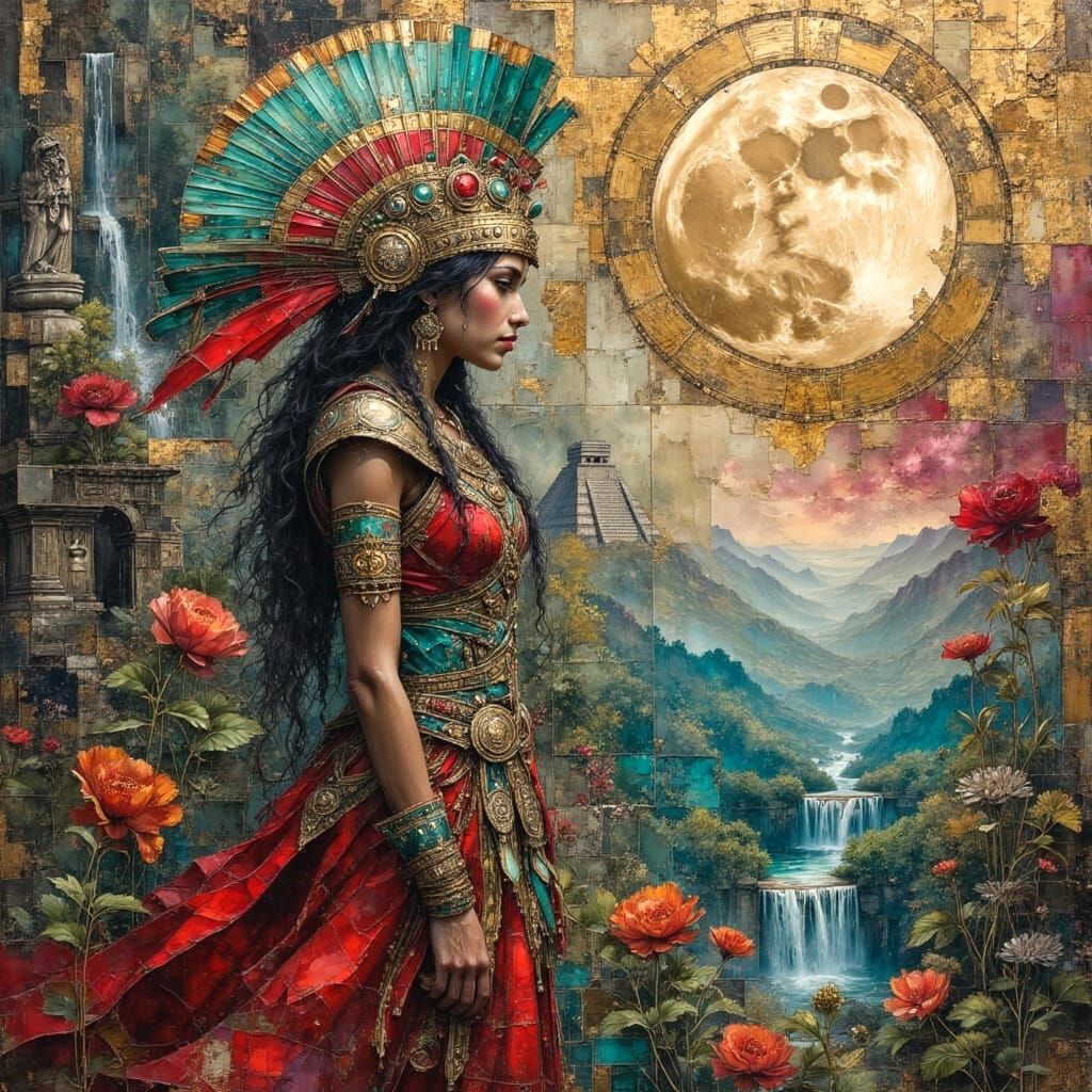 Mayan Warrior in Surreal Oil Painting Landscape