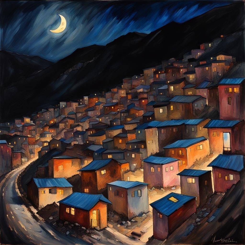 Mountain Shantytown at Night in Gouache Watercolor Style