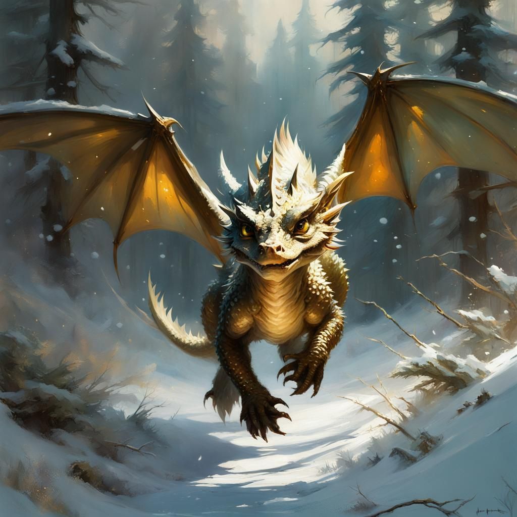Baby Dragon Runs Through Snowy Forest: Matte Painting