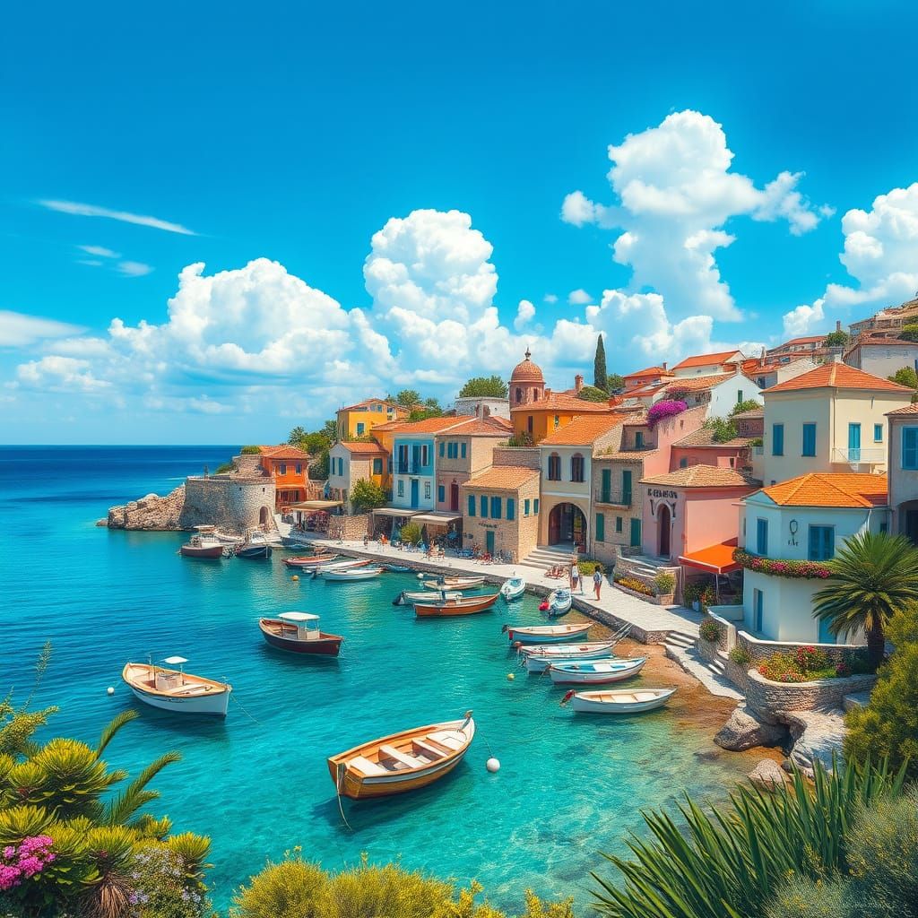 Picturesque Greek Village by the Sea: Oil Painting