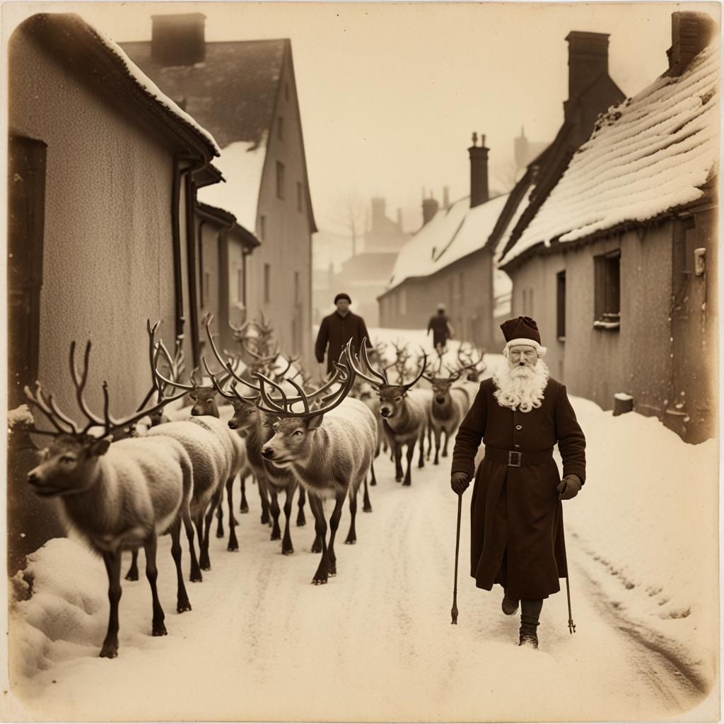 Vintage St. Nick and Reindeer: Albumen Print