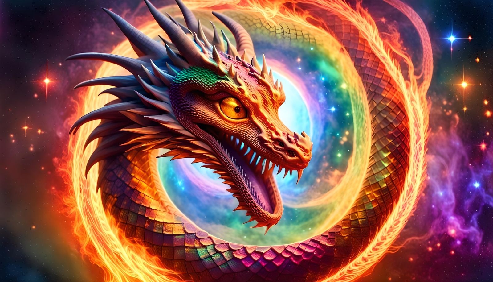 Iridescent Dragon Ouroboros with Rainbow Plasma Fire