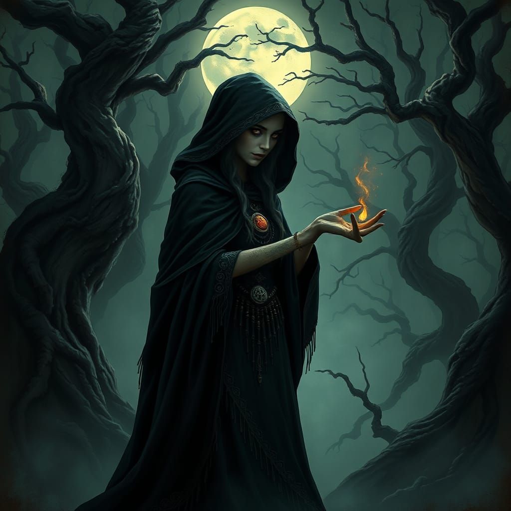 Mystical Witch Weaving Spell in Eerie Forest