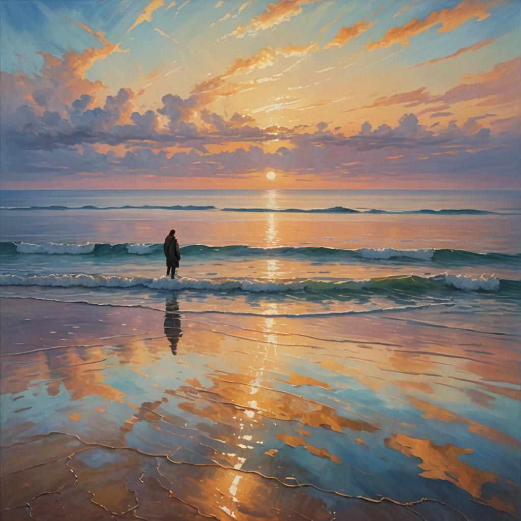Ethereal Figure at Iridescent Sea: Oil Painting