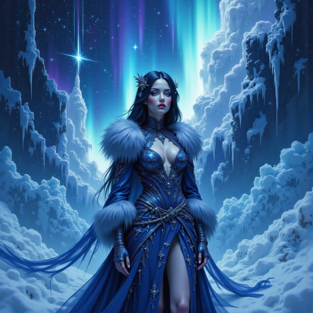Siberian Princess on Tundra with Aurora Borealis