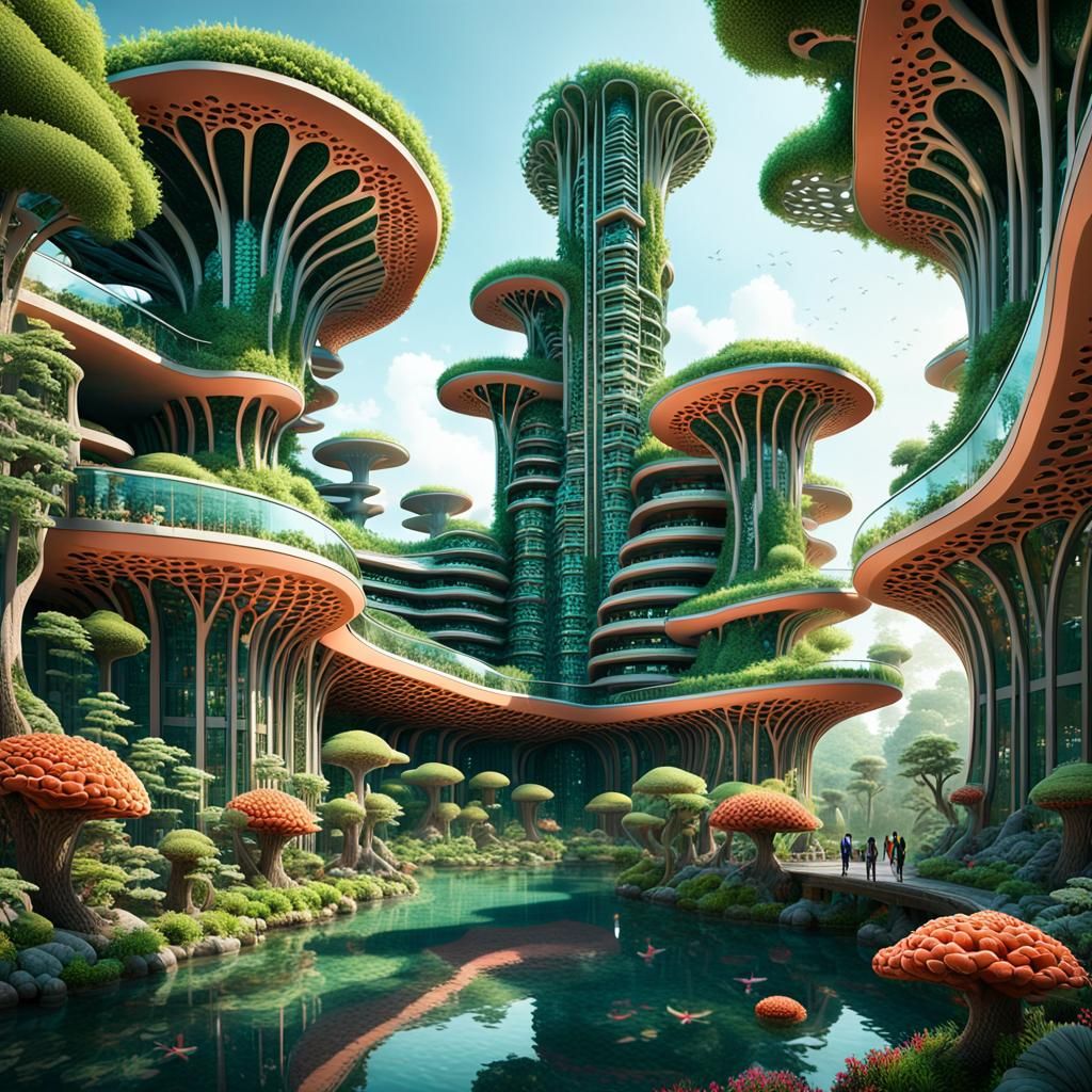 The image features a futuristic, organic-styled building