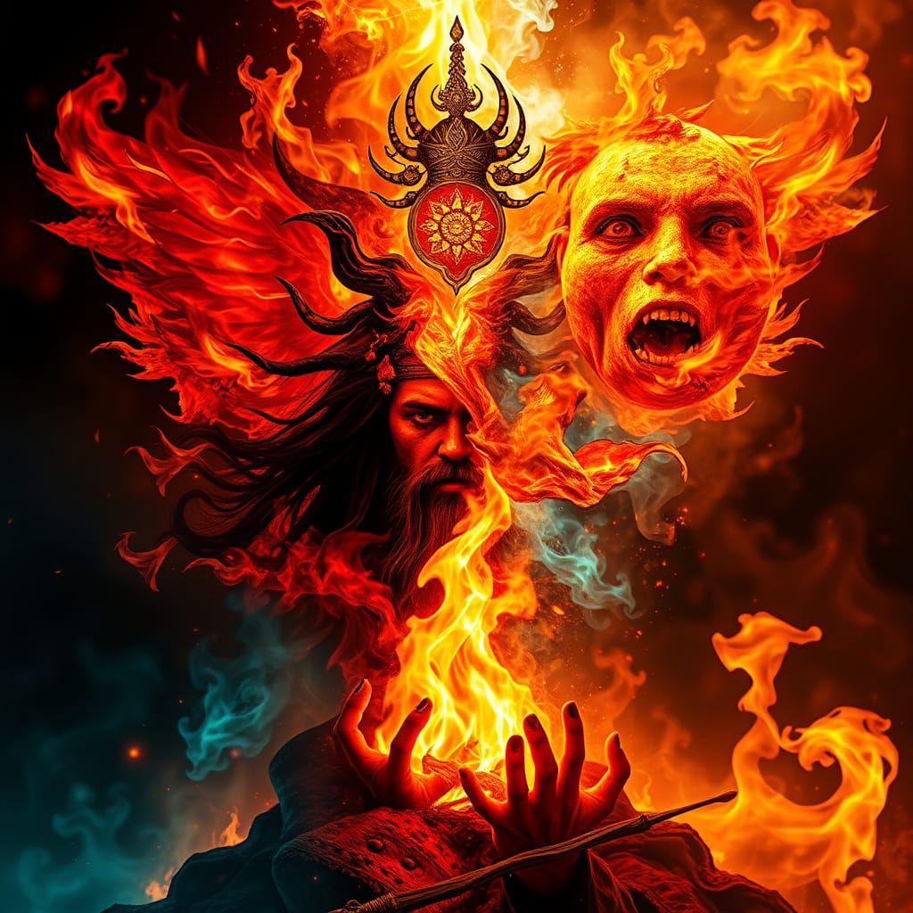 Enchanted Shaman Seeks Visions in Art Nouveau Flames