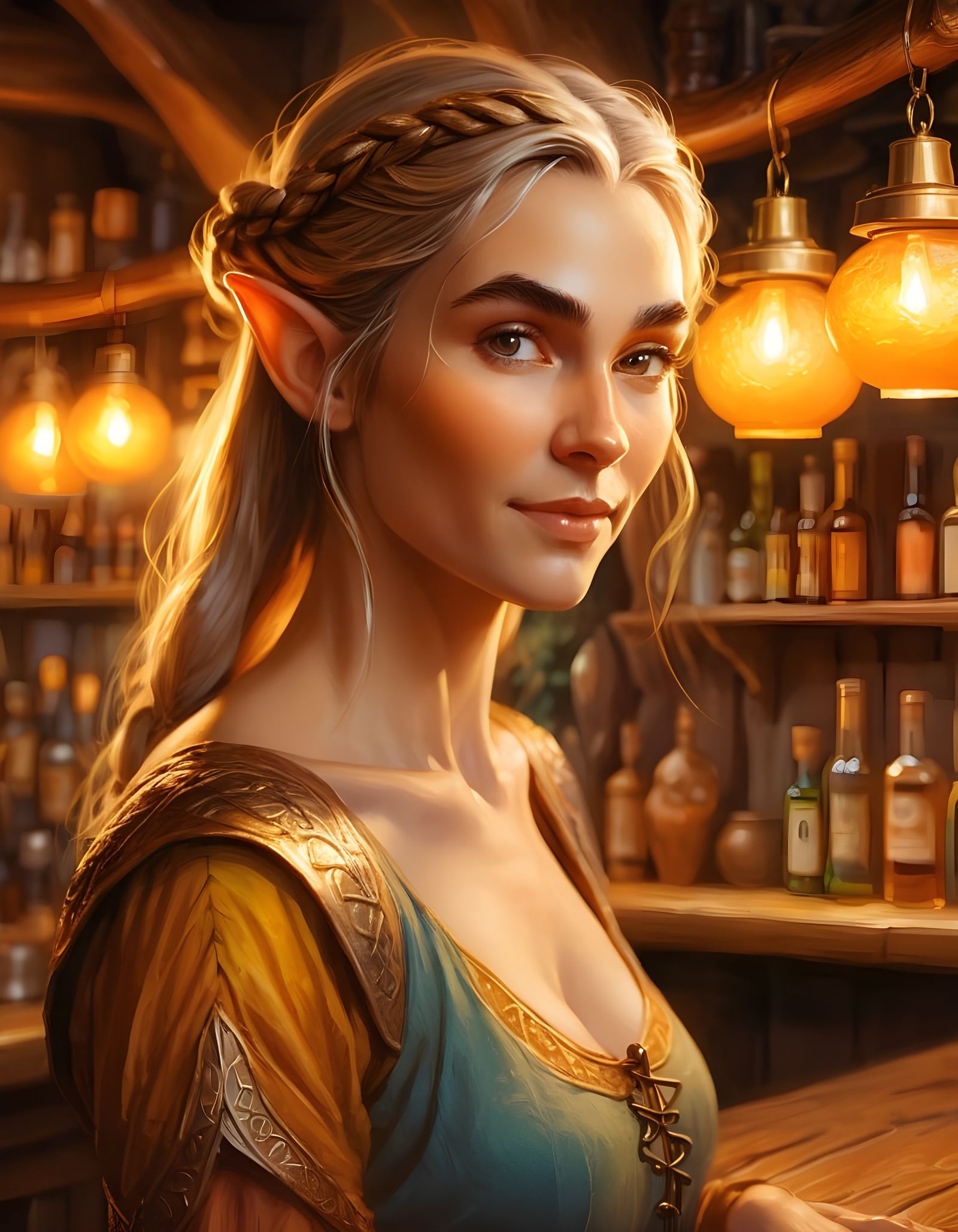 Elven Barmaid in a Medieval Fantasy Tavern