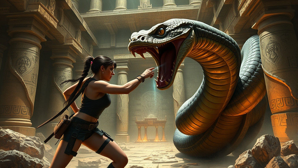 Lara Croft (Tomb Raider) vs. a giant serpent