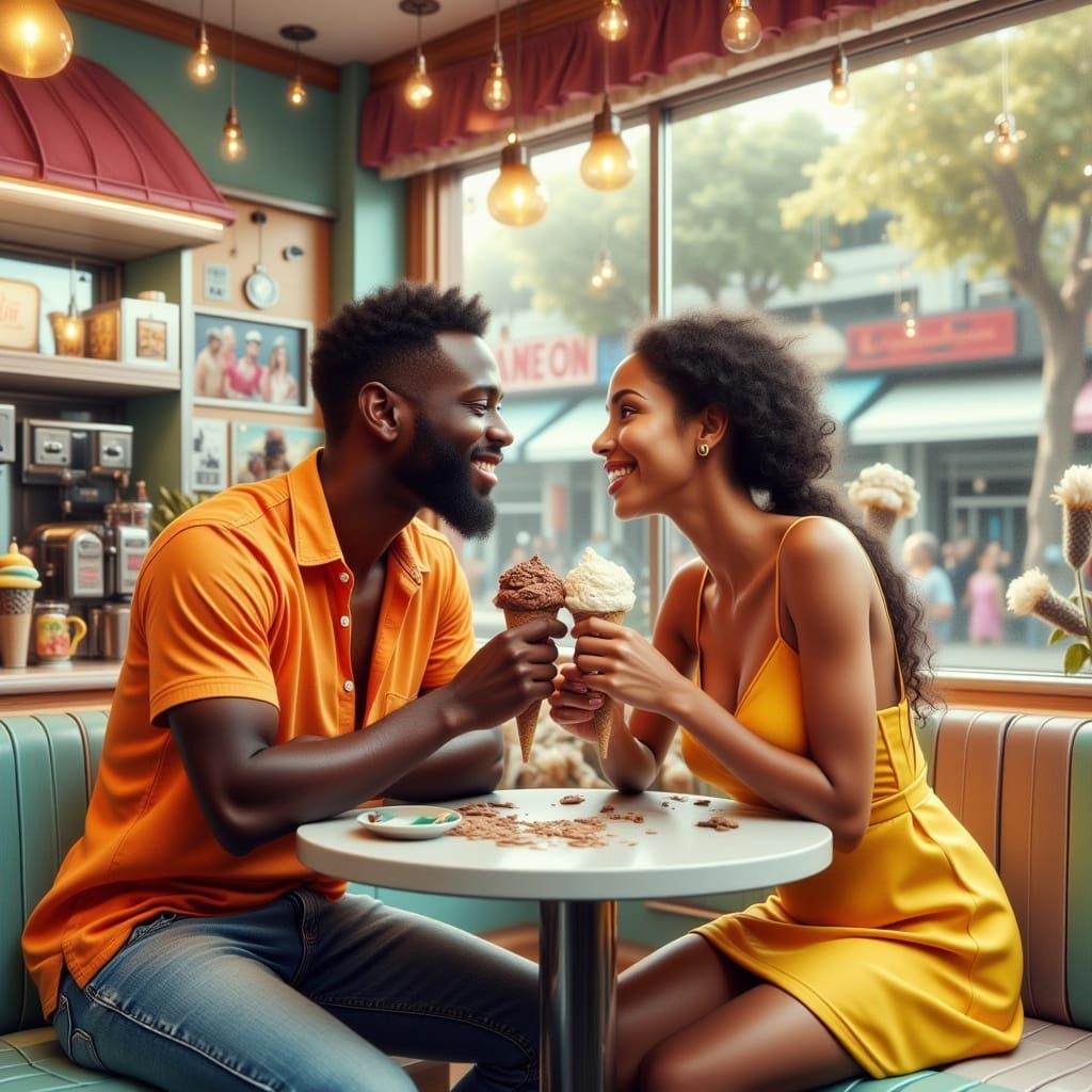 Couple's Playful Ice Cream Moment in Vintage Parlor