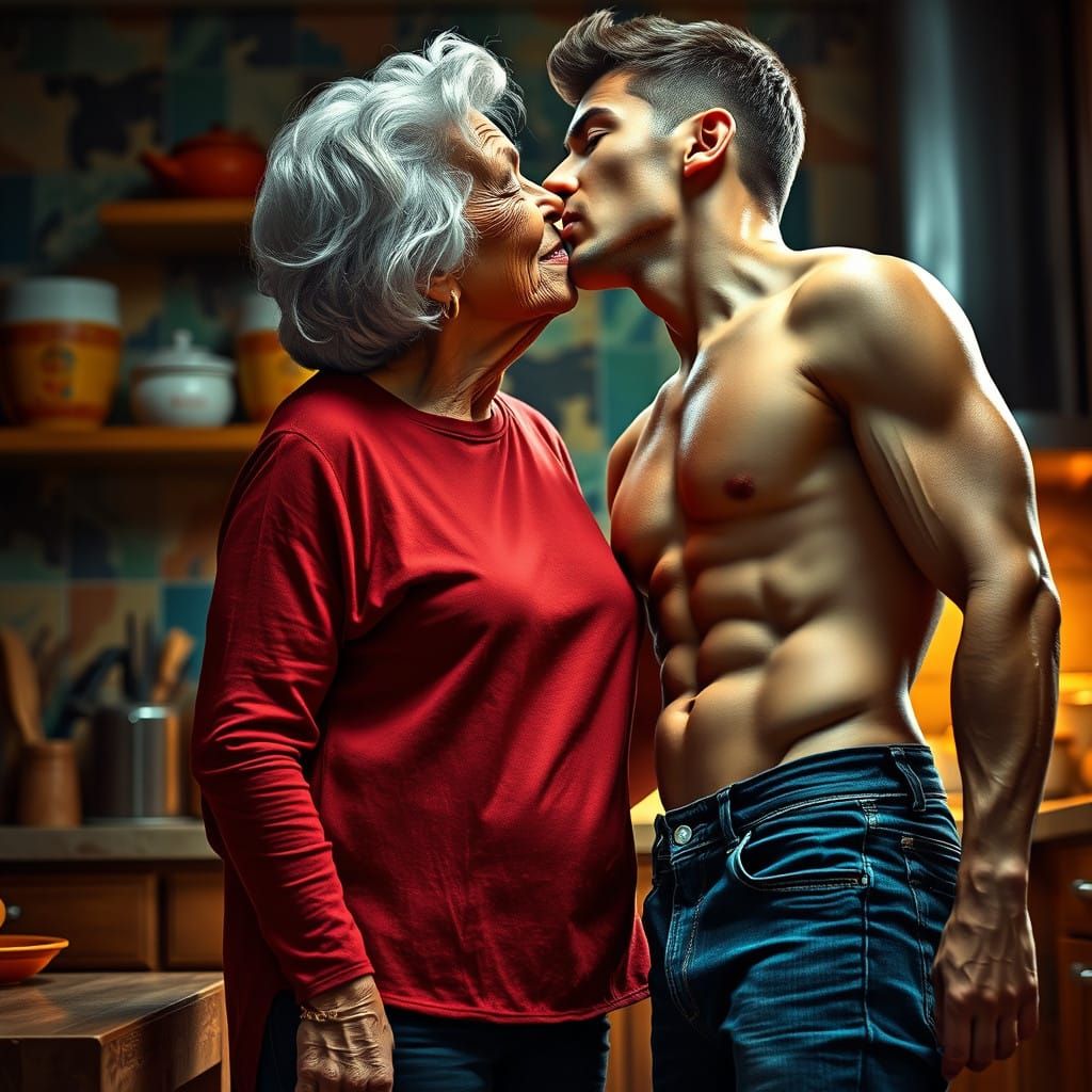 Intimate Kitchen Moment: Elderly Woman and Chiseled Young Ma...