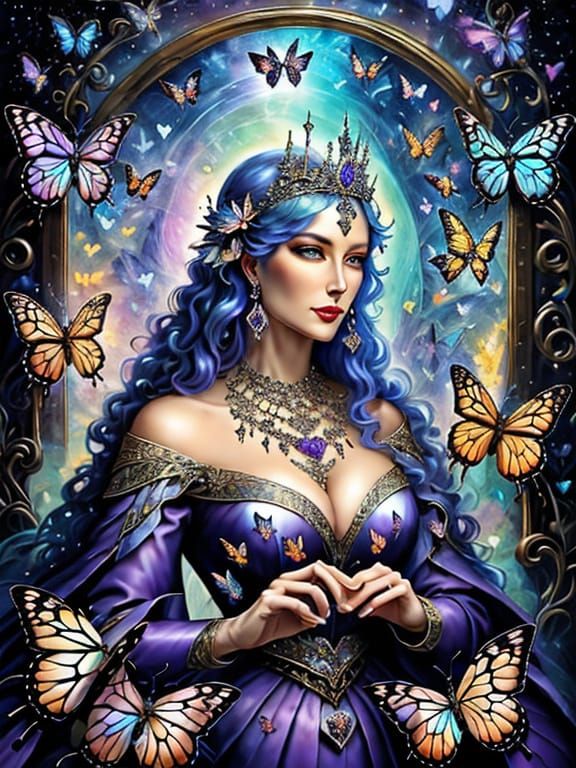 Elderly Queen Adorned with Butterflies and Hearts