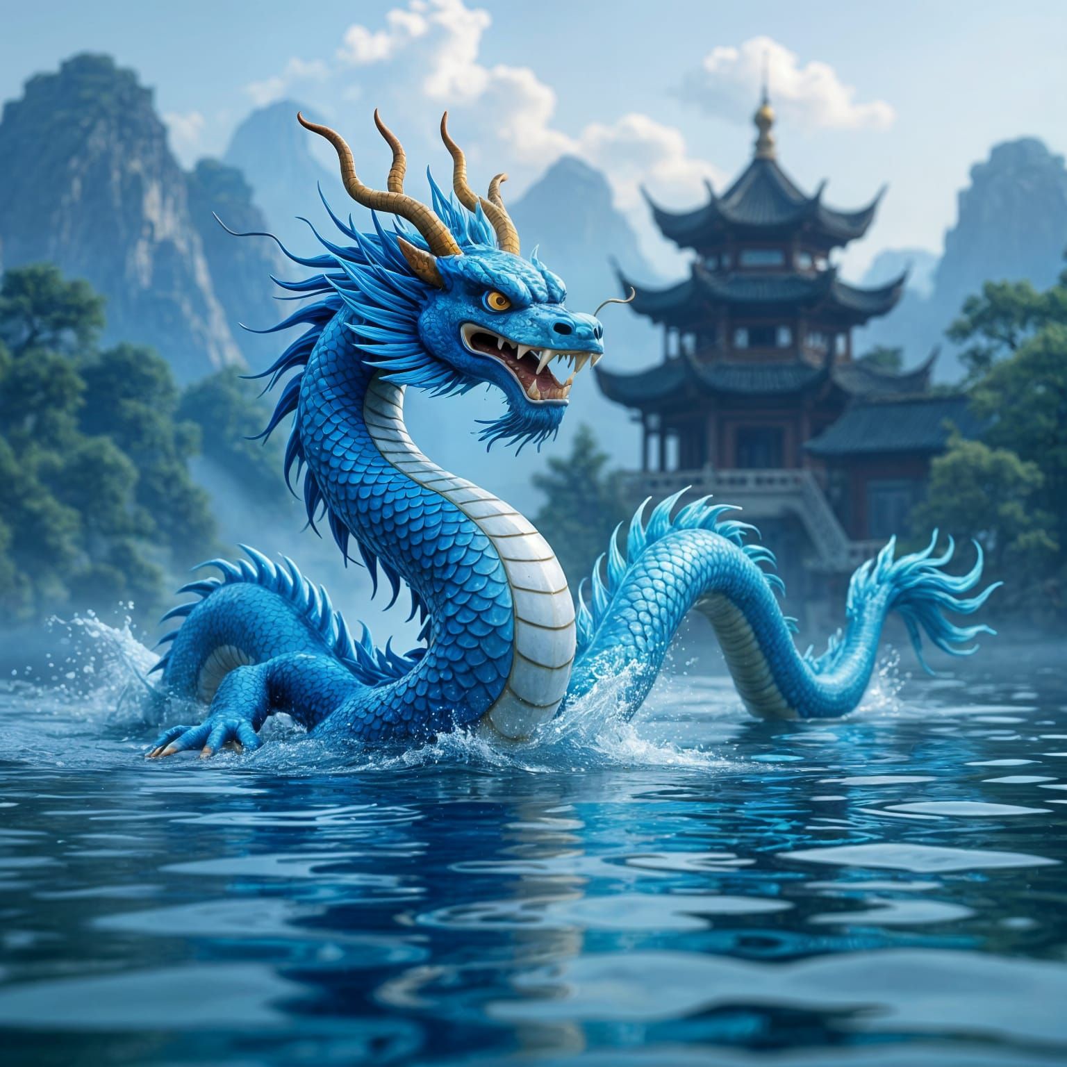 Cobalt Water Dragon Rises from Lake Before Chinese Castle