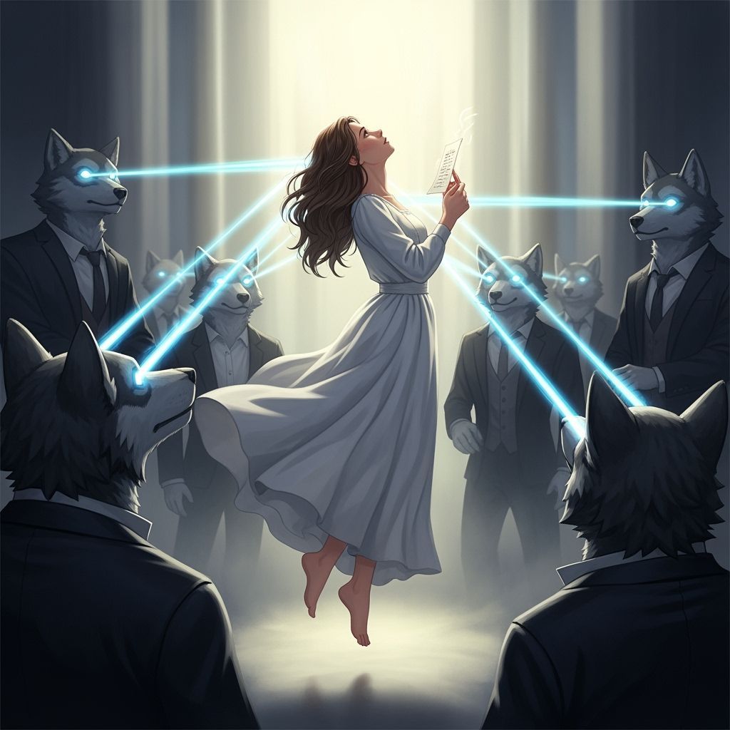 Ethereal Woman Levitates with Wolf Figures, Cinematic Art