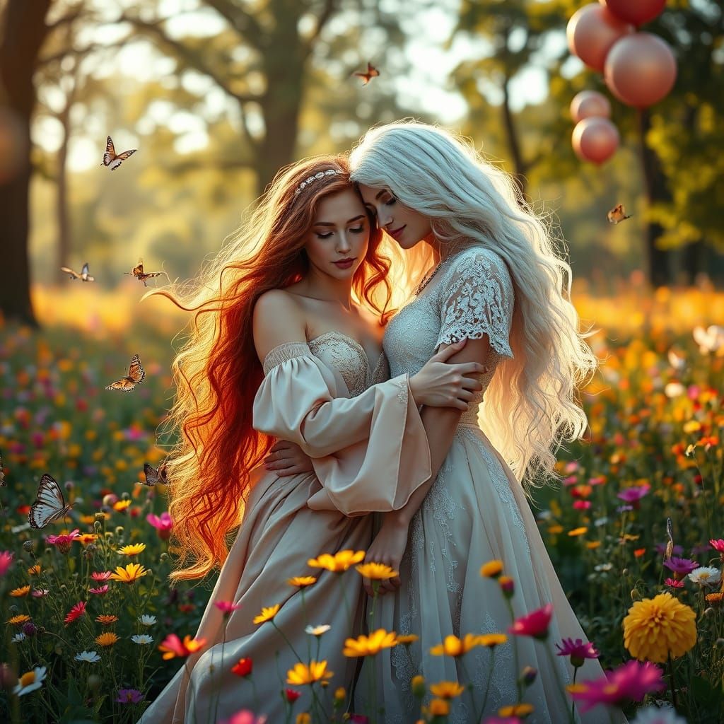 Goddesses Embrace in Wildflower Field, Cinematic Style