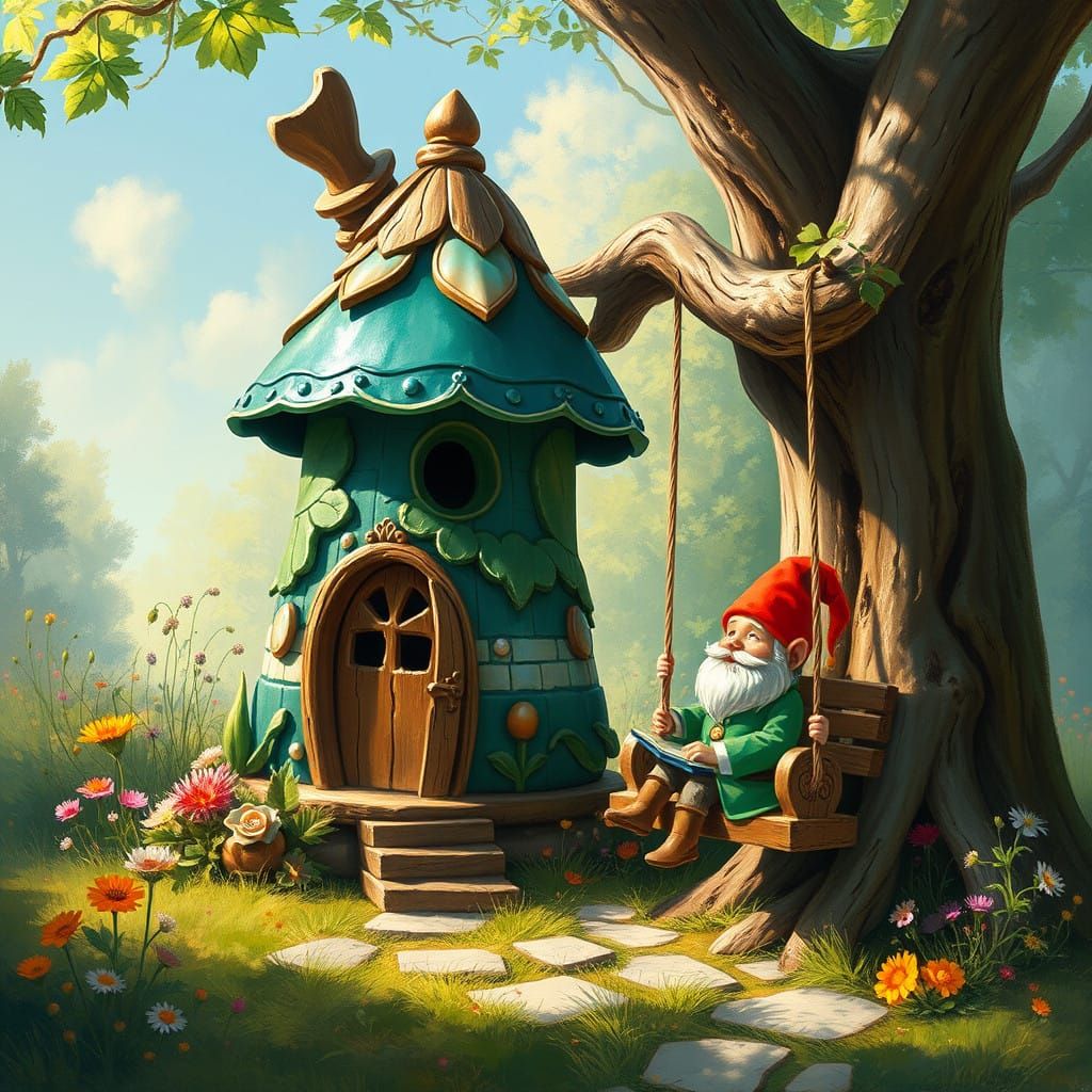 Whimsical Gnome House in Sunlit Forest Clearing