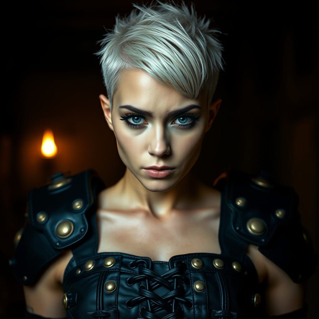 Cyberpunk Warrior Woman with Platinum Hair and Electric Blue...