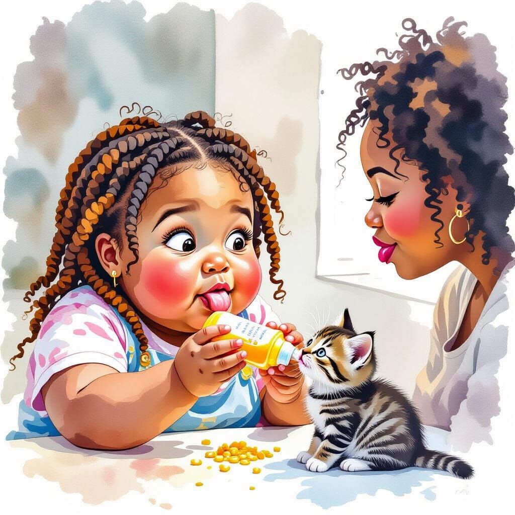 Girl Feeds Kitten: Watercolor Portrait