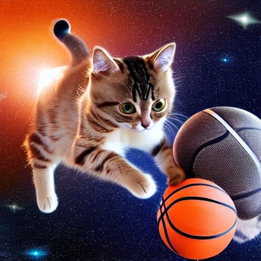 Cute Cat Plays Basketball in Space