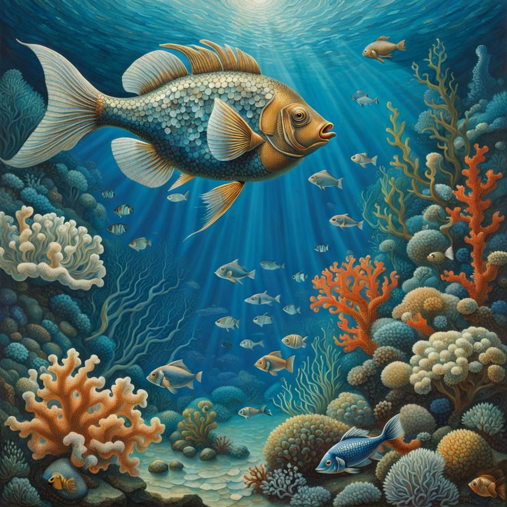 Romantic Fish in Underwater Mosaic Art