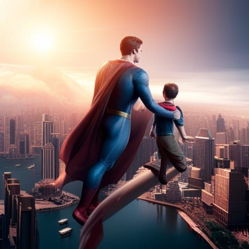 Superman and Son Flying Over City, Detailed Art