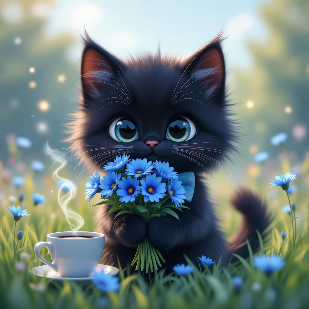 Pixar Cat with Cornflowers in Whimsical Scene
