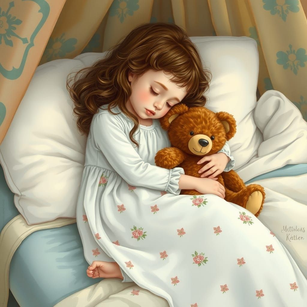 Girl with Teddy Bear in Whimsical Watercolor Style